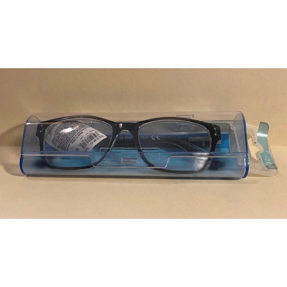 Foster Grant Tristan BLK Blue Light Readers +2.00 Black Clear Frames TG0721